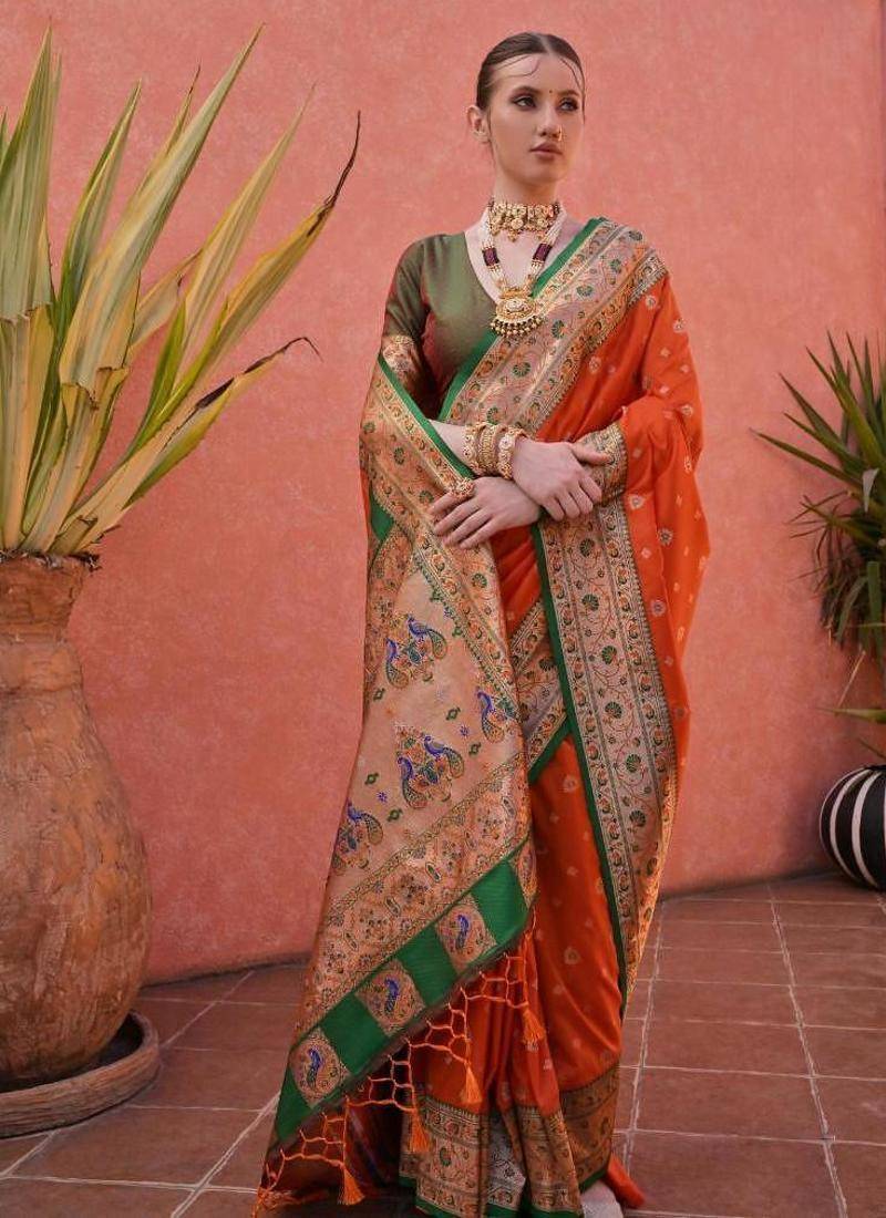 red & green banarasi silk blend weaving sarees