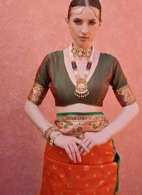 red and green banarasi silk traditional saree 2