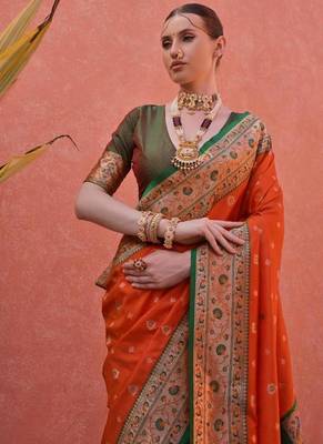 red and green banarasi silk traditional saree 4