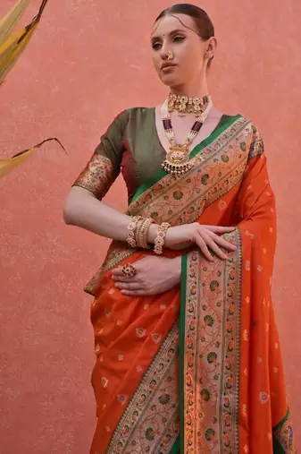 red and green banarasi silk traditional saree