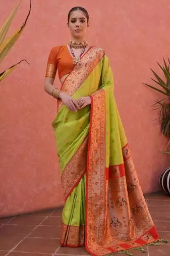 parrot green & orange banarasi silk blend weaving sarees