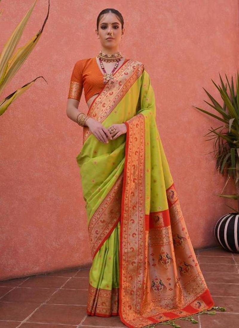 parrot green & orange banarasi silk blend weaving sarees