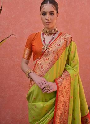 parrot green banarasi silk festive saree 3