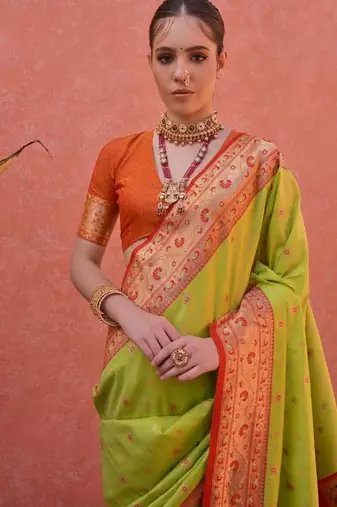 parrot green banarasi silk festive saree