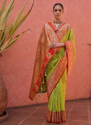 parrot green banarasi silk festive saree 4