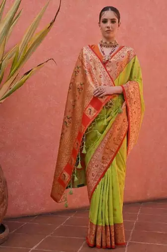 parrot green banarasi silk festive saree