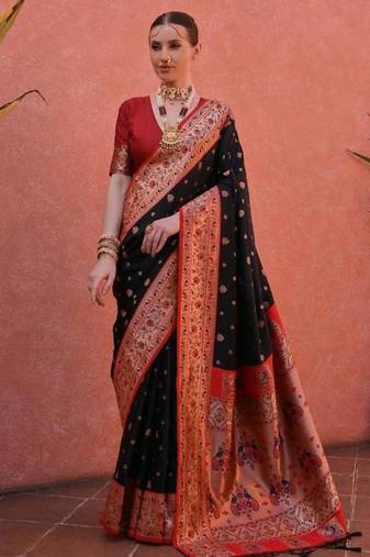 black & red banarasi silk blend weaving sarees