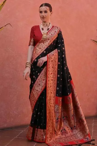 black & red banarasi silk blend weaving sarees
