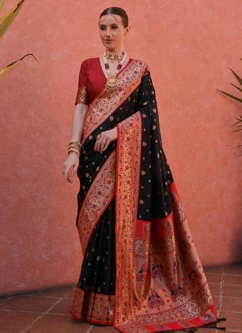 black & red banarasi silk blend weaving sarees