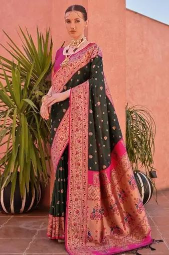 dark green & pink banarasi silk blend weaving sarees