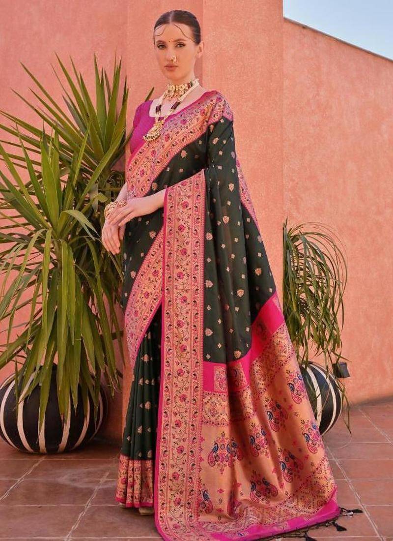 dark green & pink banarasi silk blend weaving sarees