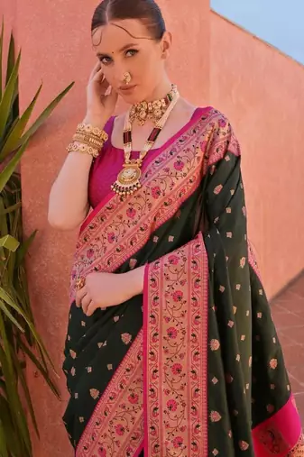 dark green banarasi butti weave saree