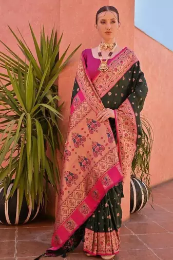 dark green banarasi butti weave saree