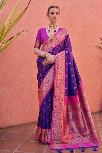 purple & pink banarasi silk blend weaving sarees