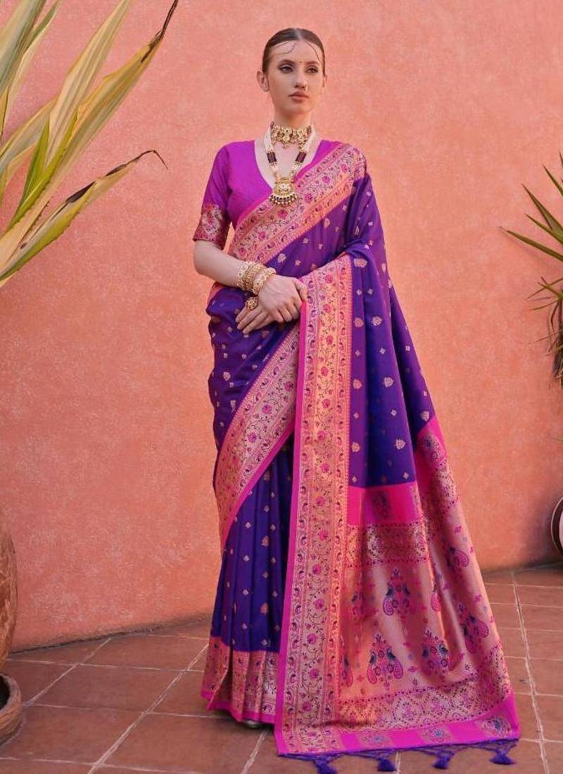purple & pink banarasi silk blend weaving sarees