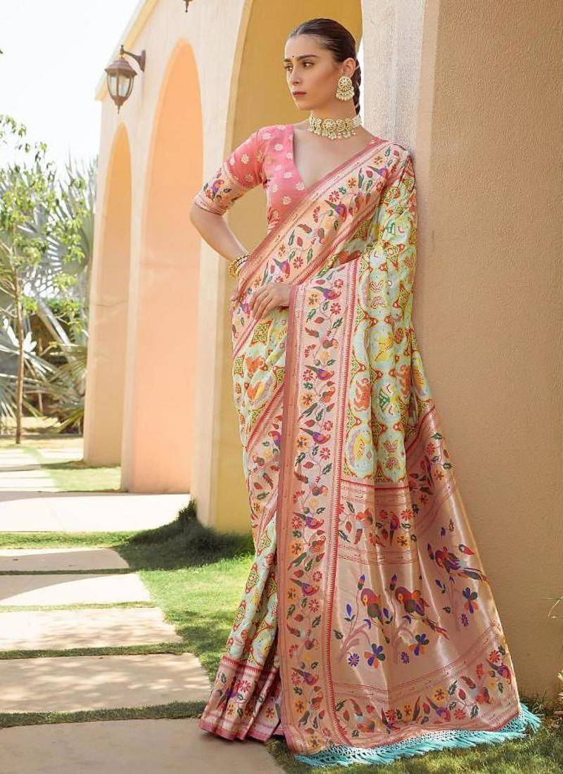peach banarasi silk blend paithani kanjivaram weaving saree