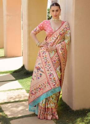 peach banarasi floral weaving saree 2
