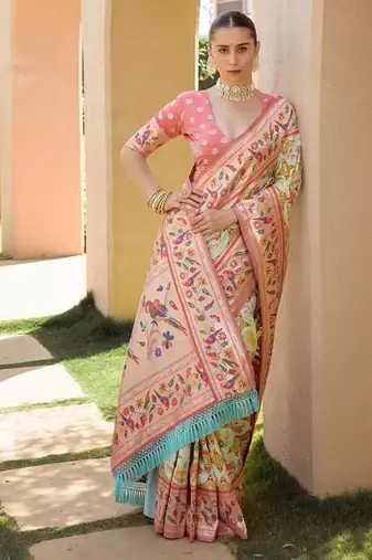 peach banarasi floral weaving saree