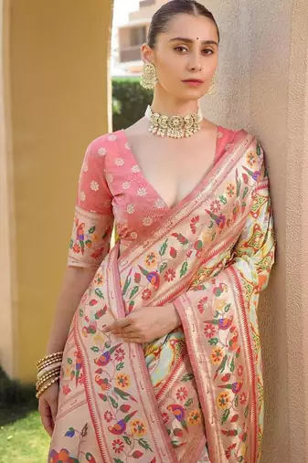 peach banarasi floral weaving saree