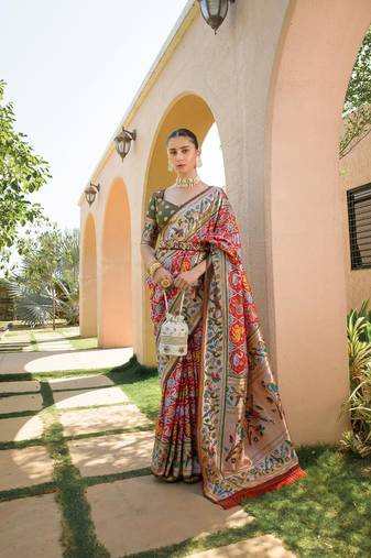 red banarasi silk blend paithani kanjivaram weaving saree