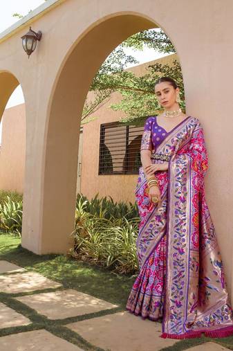 pink banarasi silk blend paithani kanjivaram weaving saree
