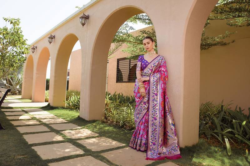 pink banarasi silk blend paithani kanjivaram weaving saree