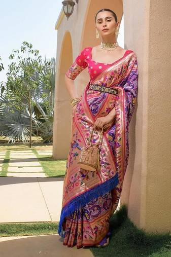blue banarasi silk blend paithani kanjivaram weaving saree