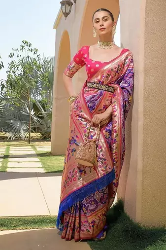blue banarasi silk blend paithani kanjivaram weaving saree