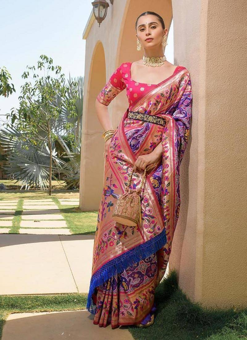 blue banarasi silk blend paithani kanjivaram weaving saree