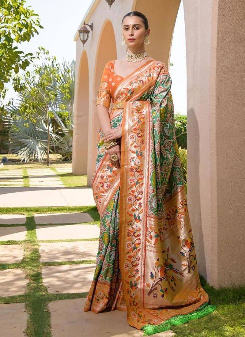 green banarasi silk blend paithani kanjivaram weaving saree