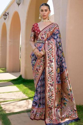 navy banarasi silk blend paithani kanjivaram weaving saree