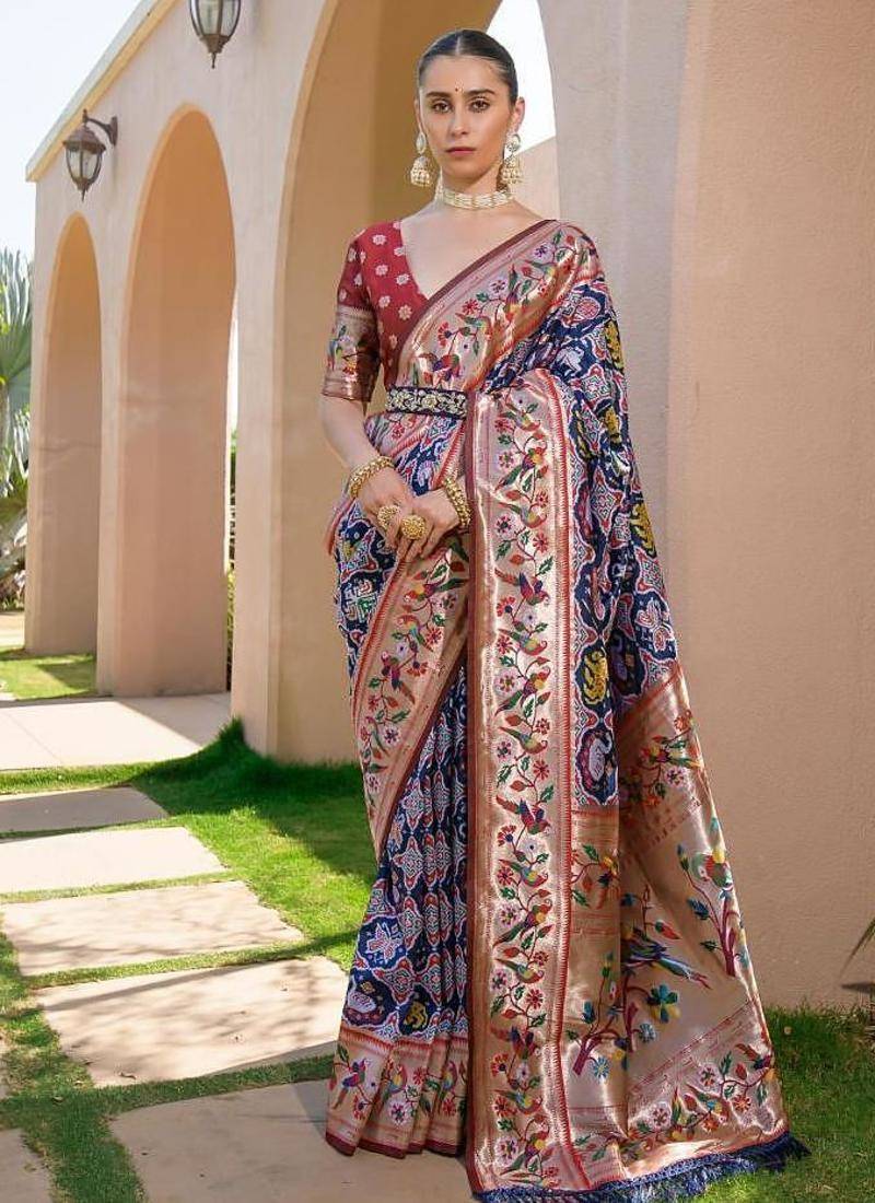 navy banarasi silk blend paithani kanjivaram weaving saree