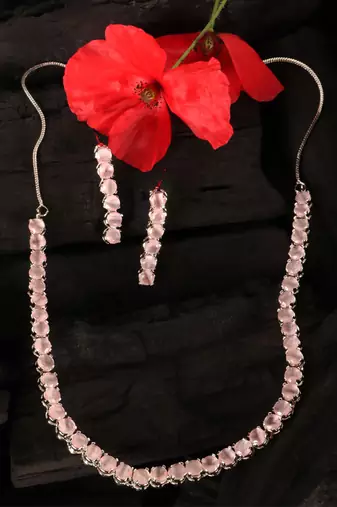 silver plated pink cz stone necklace set