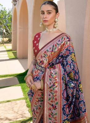 navy blue paithani floral silk saree 2