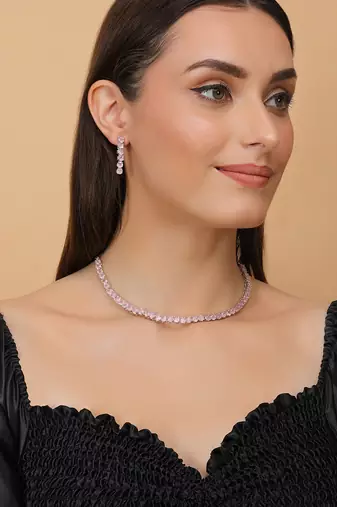 silver plated pink cz stone necklace set