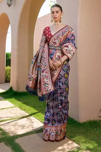 navy blue paithani floral silk saree