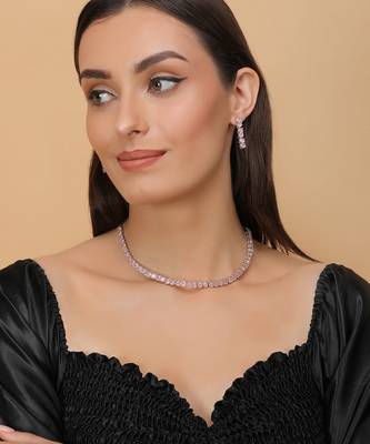 silver plated pink cz stone necklace set 4