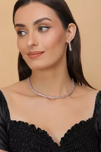 silver plated pink cz stone necklace set