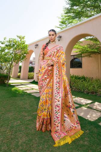 yellow banarasi silk blend paithani kanjivaram weaving saree