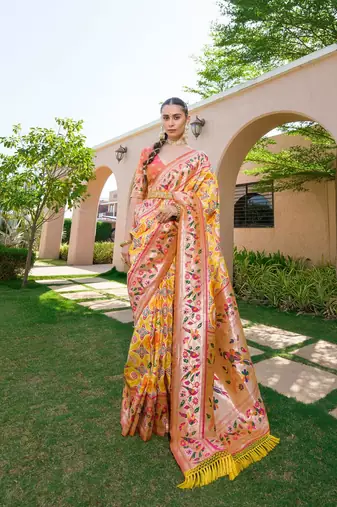 yellow banarasi silk blend paithani kanjivaram weaving saree