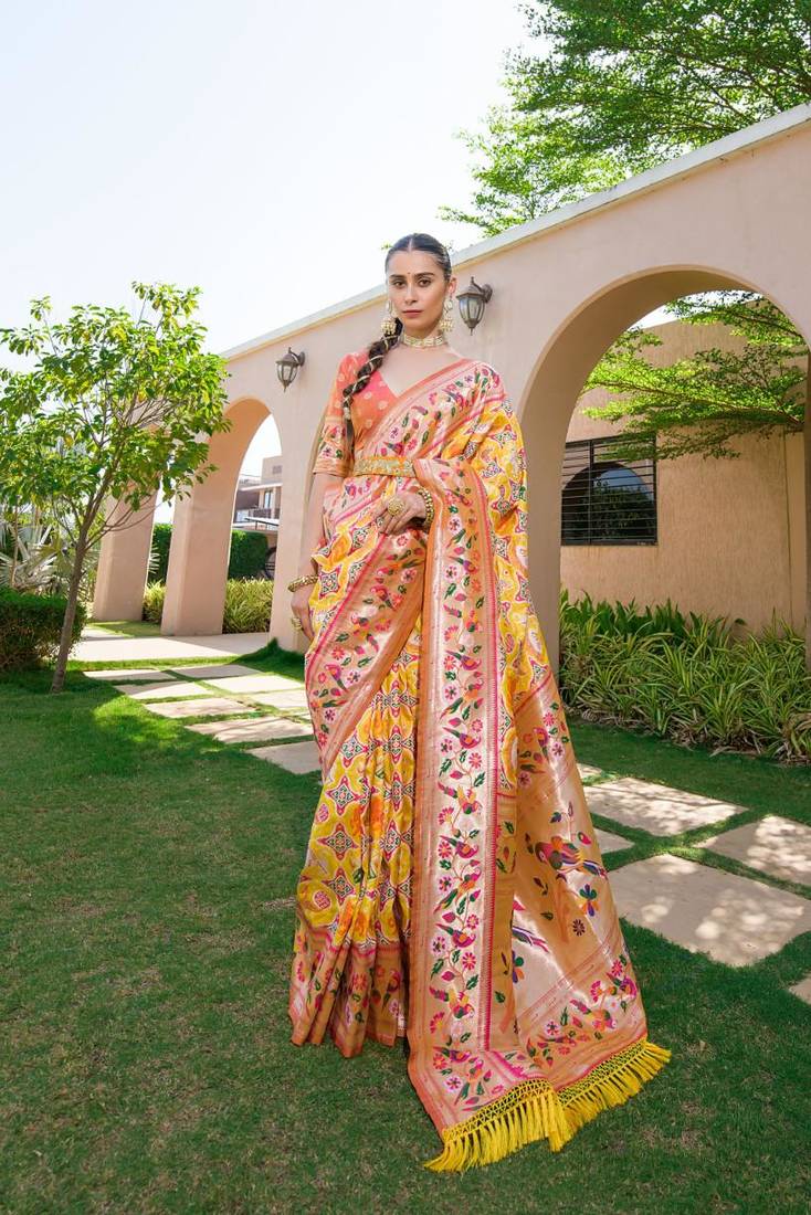 yellow banarasi silk blend paithani kanjivaram weaving saree