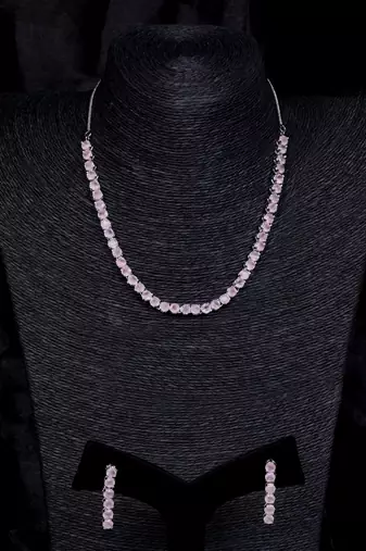 silver plated pink cz stone necklace set