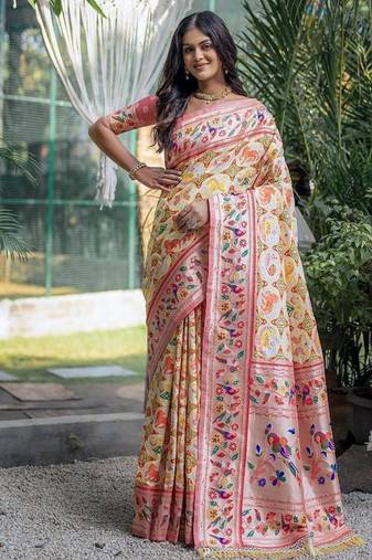 cream banarasi silk blend paithani kanjivaram weaving saree