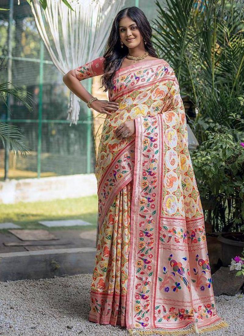 cream banarasi silk blend paithani kanjivaram weaving saree