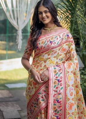 cream floral paithani silk wedding saree 2