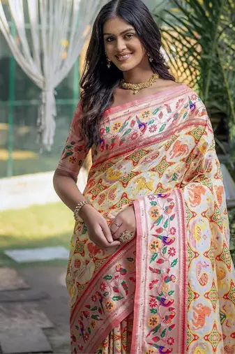 cream floral paithani silk wedding saree