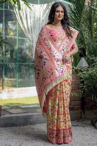cream floral paithani silk wedding saree