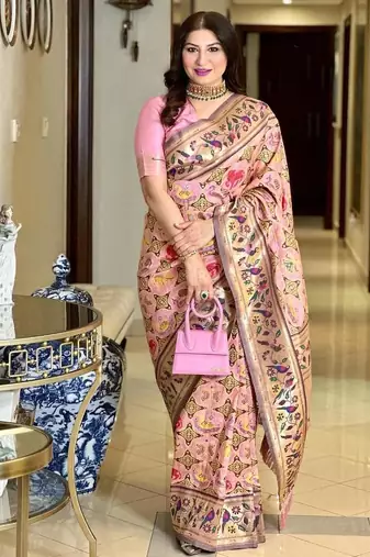light pink banarasi silk blend paithani kanjivaram weaving saree