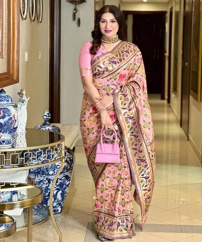 light pink banarasi silk blend paithani kanjivaram weaving saree