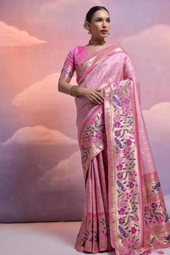 pink banarasi silk blend paithani kanjivaram weaving saree